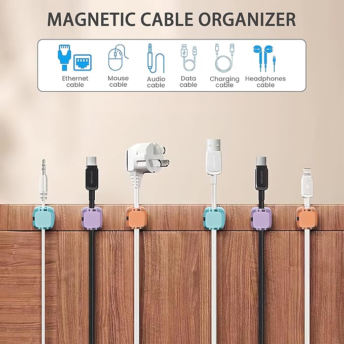 6 Pack Magnetic Cord Organizer & Cable Clips - Adjustable Under Desk Cable Management, Adhesive Wire Holder for Home, Office, Phone, Car, Wall, and Nightstand (Orange)
