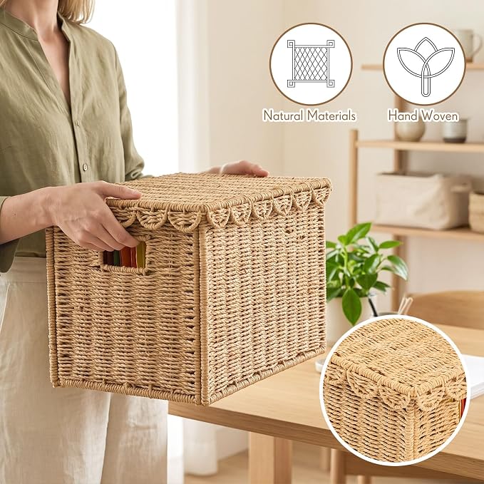 Jingmore Paper Rope File Storage Box with Scalloped Lid Collapsible Letter Size Hanging Filing Organizer Basket for Home Office, Woven Decorative Document Storage Box
