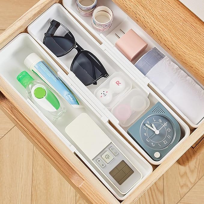 4 PCS Expandable Drawer Organizer, Adjustable Drawer Organizer Trays, Drawers Dividers Organizers and Storage For Office Supplies, Pens, Makeup,Utensils, Tools, Flatware and Junks, White