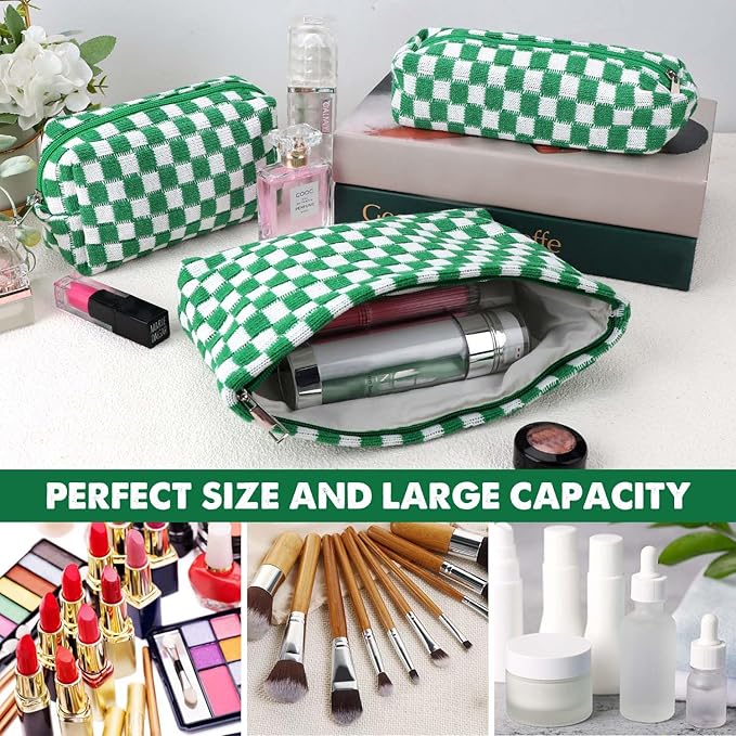3 Pcs Makeup Bag Cosmetic Bag Set for Girls Women Checkered Travel Organizer Bathroom Toiletry Pouch Large Capacity Storage Bag(Green-White)