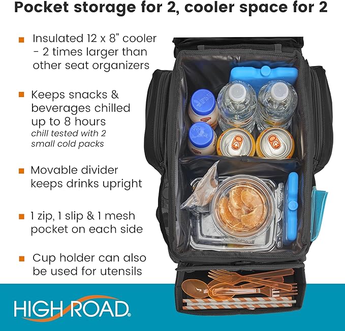 High Road CarHop Car Caddy Organizer with Road Trip Cooler, Car Cup Holder Bin, Sturdy Snack and Play Lid and 6 Organization and Storage Pockets, Black
