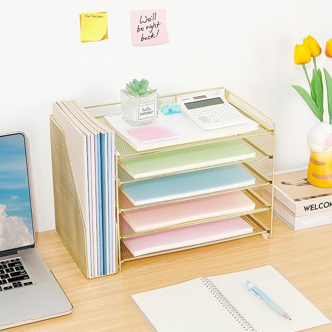 OPNICE Desk Organizer, 5-Tier Paper Organizer Letter Tray with Magazine Holder, Office Desk Accessories & Workspace Organizers, Desktop File Organizer for Office Supplies Storage, Gold