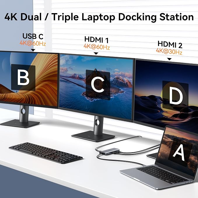USB C Laptop Docking Station Dual/Triple Display with 2 HDMI USB C 8K | USB to USB C Adapter with 10G USB 3.1*3, 100W PD, Ethernet,Docking Station 3 Monitors 8-in-1 USB C Hub for Hp/Dell Laptop