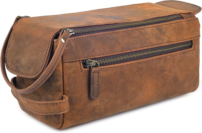 Rasavi Genuine Leather Travel Toiletry Bag for Men & Women, Handcrafted Vintage Dopp Kit, Water-Resistant Shaving & Bathroom Essentials Organizer - Distressed Brown