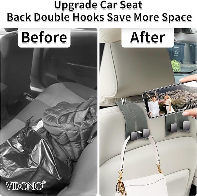vidonio 2 Pack Double Car Seat Hooks for Headrest, Rotatable Purse Holder for Car,Premium Leather Car Hooks for Purses and Bags, Headrest Hooks and Storage Accessories (Gray)