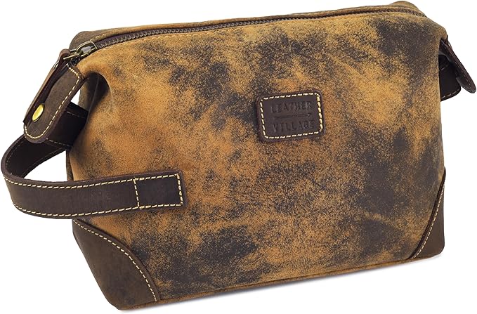 LEATHER VILLAGE Genuine Leather Dopp Kit for Men & Women – Travel Vintage Toiletry Bag with Waterproof Lining, Shaving & Bathroom Essentials Organizer - Distressed Brown