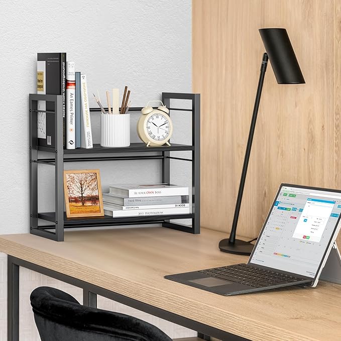 Office Desk Shelf Organizer, Wood Desktop Bookshelf Supplies Storage Rack, Shelf for Top of Desk and Dresser (Pure Black-2 Tier)