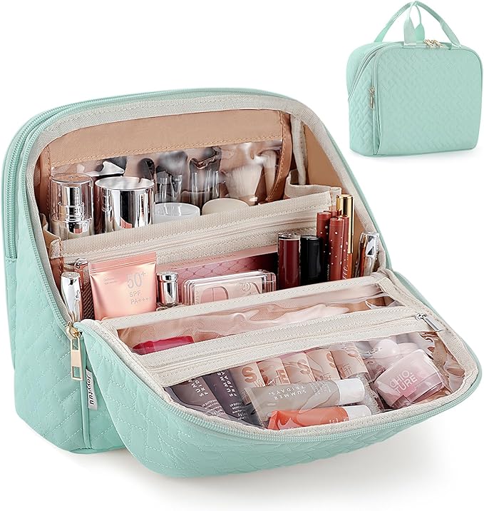 Standing Makeup Bag, Large Capacity with Room for Brushes and Mirror, Travel Makeup Organizer, Portable Stand Up Make Up Case, Waterproof Cosmetic Toiletry Bags with Handle, Color Sage Green