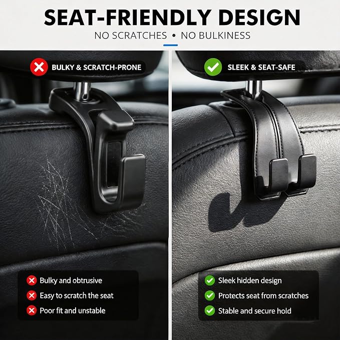 vidonio 2 Pack Leather Headrest Hooks for Car, Double Car Seat Back Storage Hook for Purses, Handbags and Grocery Bags, Heavy Duty Car Purse Holder, Universal Car Seat Headrest Hanger Accessories