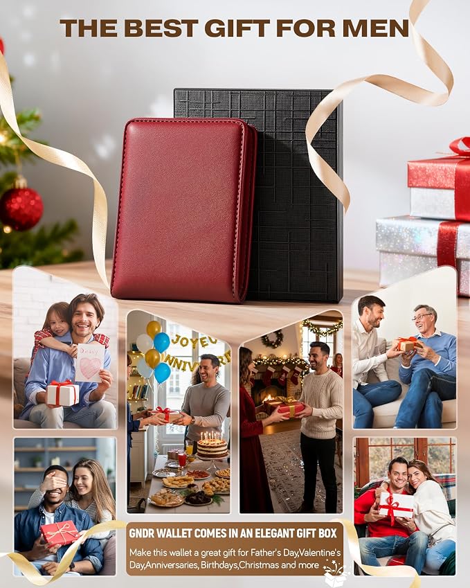 GNDR Wallet For Men Bifold Red RFID Blocking Slim Faux Leather Wallets Card Holder Front Pocket Minimalist Men Accessories With Gift Box