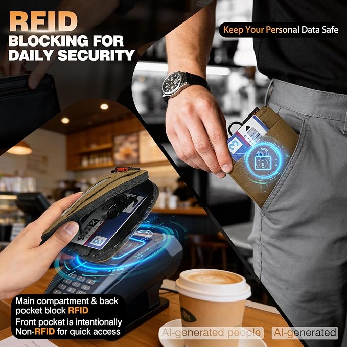 Coin Purse for Men, RFID Blocking 500D Nylon Small Wallet with Key Clip, Slim Front Pocket Card Holder, Zipper Coin Pouch & ID Window Organizer for Cards, Cash