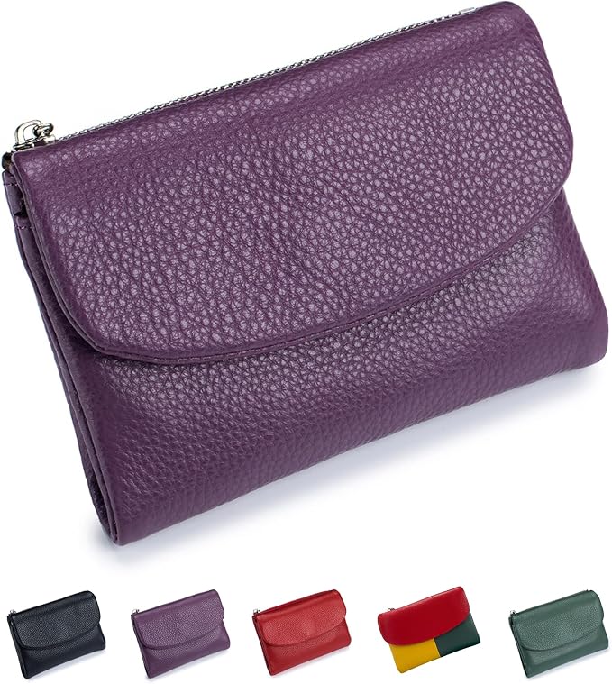 Nsciyise Premium Leather Wallet for Women, Purple | 8 Card Slots, Zipper Coin Pocket, Slim Portable, Mini Wallet