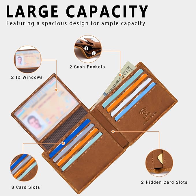 Travelambo Genuine Leather Wallet for Men with Gift Box - Handmade Bifold Stylish - Mens Wallets Rfid Blocking with 2 ID Windows