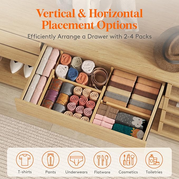 Lifewit 4" High 8 Pack Bamboo Drawer Dividers 31-40cm/12-16 Adjustable Wooden Drawer Organizer for Clothes/Utensils, Expandable Drawer Separator for Dresser/Kitchen/Bedroom/Office Organization
