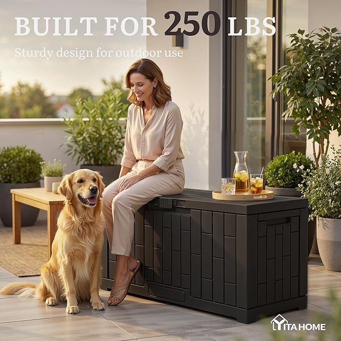 YITAHOME 60 Gallon Resin Deck Box, Weather Resistant Outdoor Rattan Storage Box with Slide-Locking Lid, Lockable Indoor Outdoor Storage for Supplies and Essentials, Black