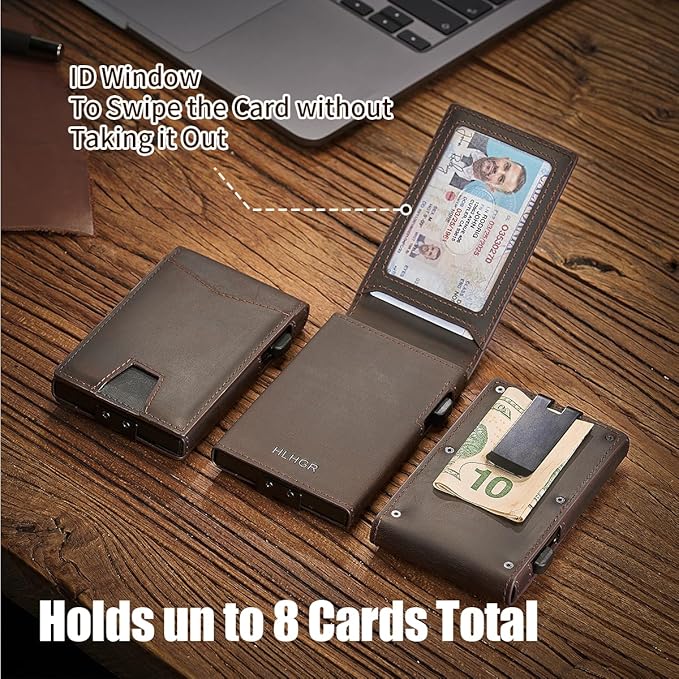 Wallet for Men，Slim Minimalist Smart Wallet for Men With Money Clip Genuine Leather Card Holder RFID Blocking Metal Aluminum Pop Up Card Wallet with ID Window Gift