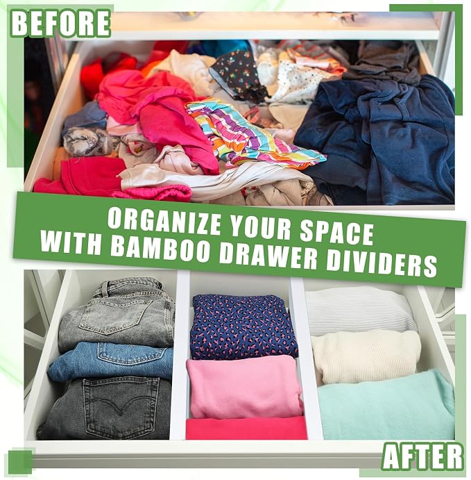 DoubleFill 4 Pcs Deep Bamboo Drawer Dividers, Deep Kitchen Dresser Drawer Organizer with Spring Loaded for Clothes, Adjustable Expandable from 15-22 Inch(6 Inch,White)