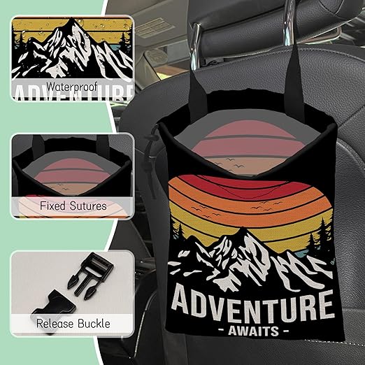 Adventure Mountain Car Trash Bag,Hanging Drawstring Car Garbage Bag,Waterproof Canvas Car Back Seat Organizer with Adjustable Buckle,for Vehicles,SUVs,Camping,Road Trips