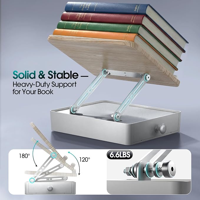 Book Stand with Storage Drawer, Adjustable Wooden Reading Stand for Desk, Ergonomic Height & Angle Book Holder for Textbooks, Cookbooks, Documents (White Ash Finish, 9.8" x 13.8" Large Panel)