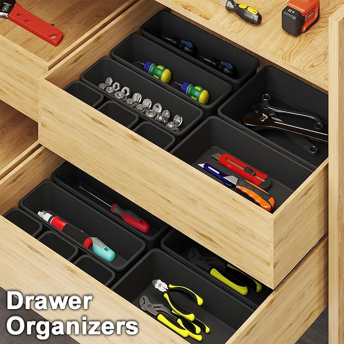 QUELIEN Desk Drawer Organizer Tray Set, 16PCS Plastic Drawer Organizer Bins for Office, Makeup, Kitchen - Gray Blue Desk Organizer with Flexible Interlocking Design for Efficient (Gray Blue, 16PCS)