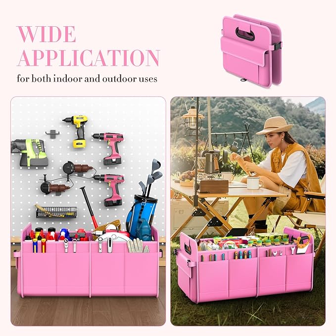 titiyiof Trunk Organizer For Suv & Sedan,Car Organizers and Storage, Waterproof Collapsible & Adjustable Straps,70L Sturdy Car Organization for Car Accessories, Tools,Sundries,2-3 Compartment（Pink