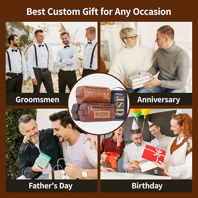 Personalized Leather Toiletry Bag for Men, Large Capacity Toiletry Travel Bag, PU Leather Waterproof Shaving Toiletry Bag, Travel Essentials Customized Gifts for Husband (Style 3)