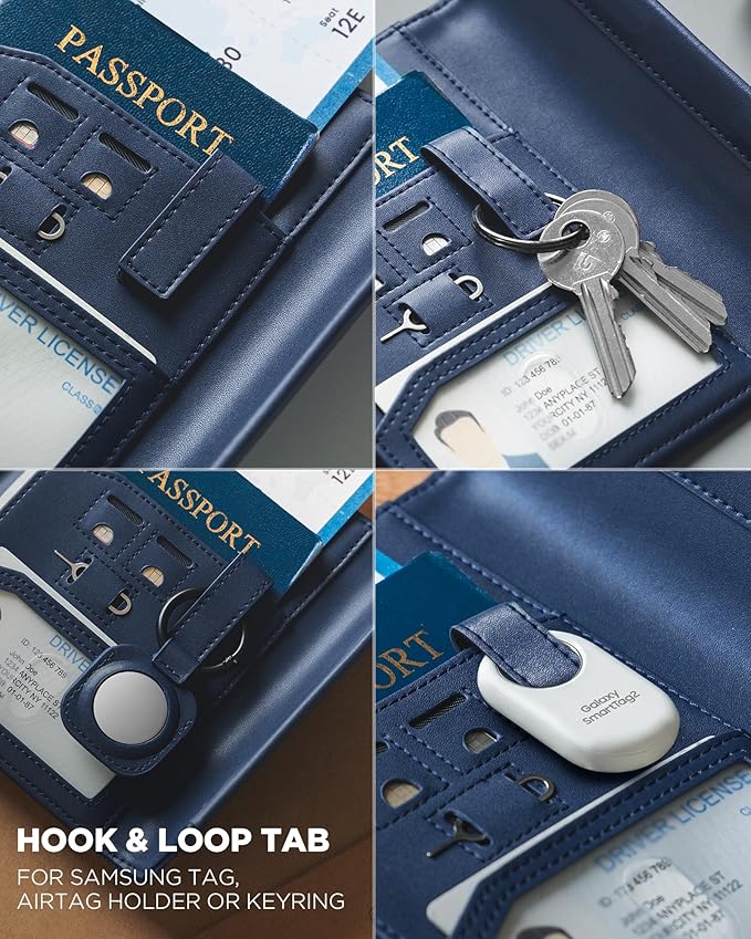 VULKIT RFID Blocking Leather Passport & Card Holder, Dual Person Travel Passport Wallet with Secure Magnetic Closure, Blue