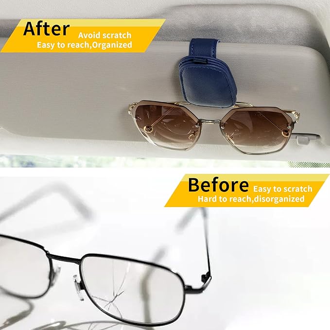 Yuoyar Sunglass Holder for Car, Magnetic Leather Sunglasses Holder and Ticket Card Clip, Car Visor Accessories, 2 Packs (Blue)