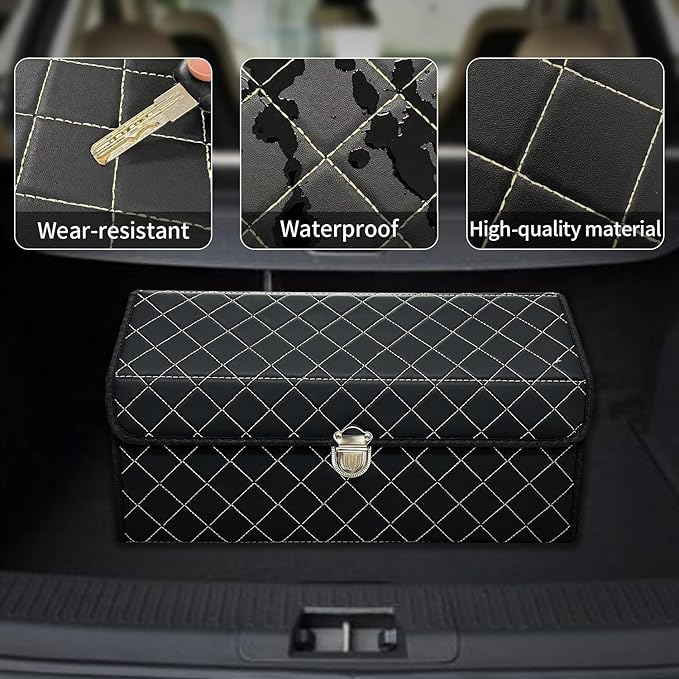 Trunk Organizer for Car With Lid,Foldable Trunk Organizer for SUVs & Sedans,Multi-Functional Leather Storage Box- Black Grid - Small
