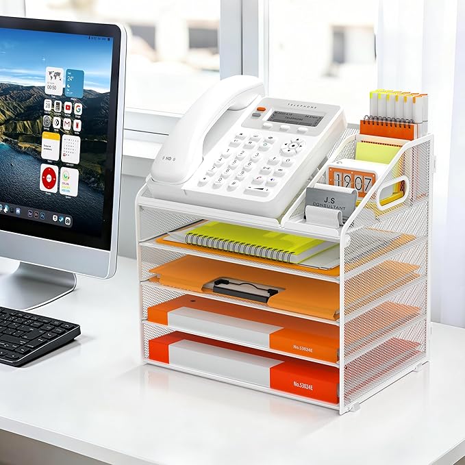 DocNest 5 Tier Metal Mesh Letter Tray - Space Saving Desk File Organizer with Handle, Pen Holder & Folder Holder - Desktop Document Sorter for Office, Home, School, Classroom - White