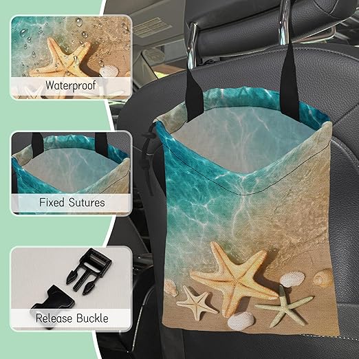 Starfish Seashell Car Trash Bag,Hanging Drawstring Car Garbage Bag,Waterproof Canvas Car Back Seat Organizer with Adjustable Buckle,for Vehicles,SUVs,Camping,Road Trips
