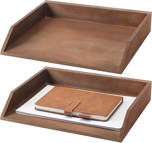 Beeveer 2 Pcs Dark Wood Letter Tray Wooden Desk Paper Organizer 2 Tier Stackable Load Documents Desktop Tray Drawer File Folder Magazine Office Accessories for Home Office Back to School