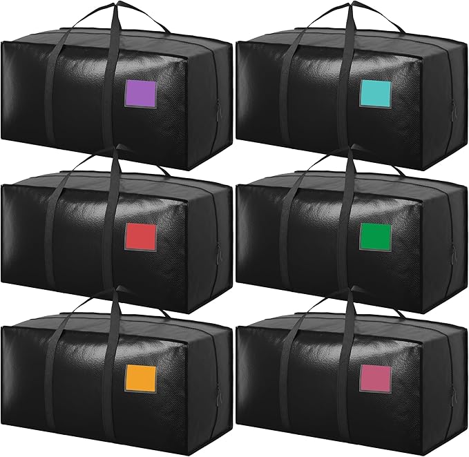 6 Pack Moving Bags with Full-Open Side Zipper, Extra Large 93L Heavy Duty Waterproof Foldable Storage Totes for College Dorm, Moving & Home Organization Black