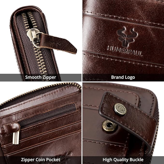 gzcz Mens Wallet with Zipper Genuine Leather Bifold Purse for Men ID Window and Zip Coin Pocket (Coffee)