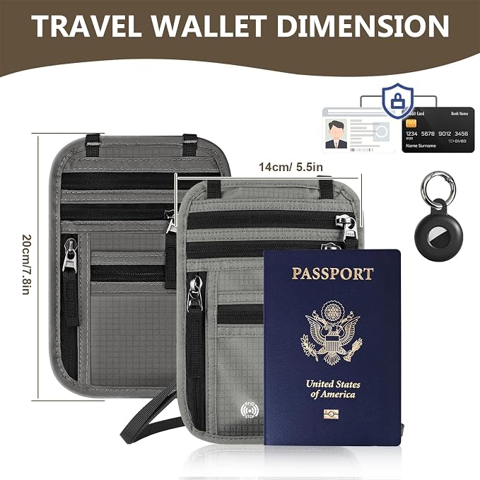 Likesing 5.5" L x 7.8" W Travel Neck Wallet, RFID Blocking Passport Holder for Travel Women Men, Security Travel Wallet with Tracker Case, Neck Passport Pouch Gifts for Traveling (Dark Grey)