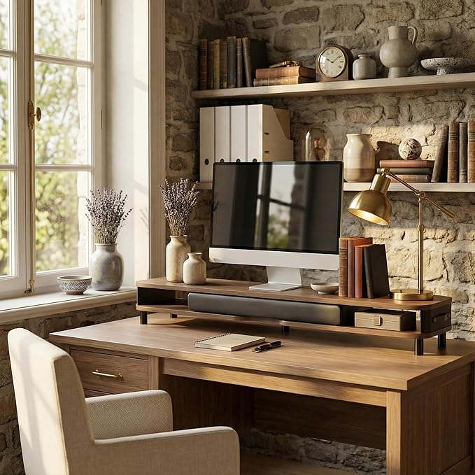 Fenge Monitor Stand with Large Drawer, 42.5 Inch Dual Monitor Riser for 2 Monitors, Ergonomic Computer Desk Shelf with Soft Touch Leather & Storage Organizer for Laptop, Computer, TV, PC, Printers