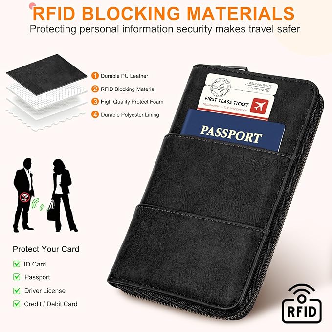 Family Passport Holder Wallet with Zipper, RFID Blocking Travel Document Organizer, PU Leather Passport Wallet for Women Men, Passport Cover Travel Wallet for Boarding Pass, ID, Money, Ticket