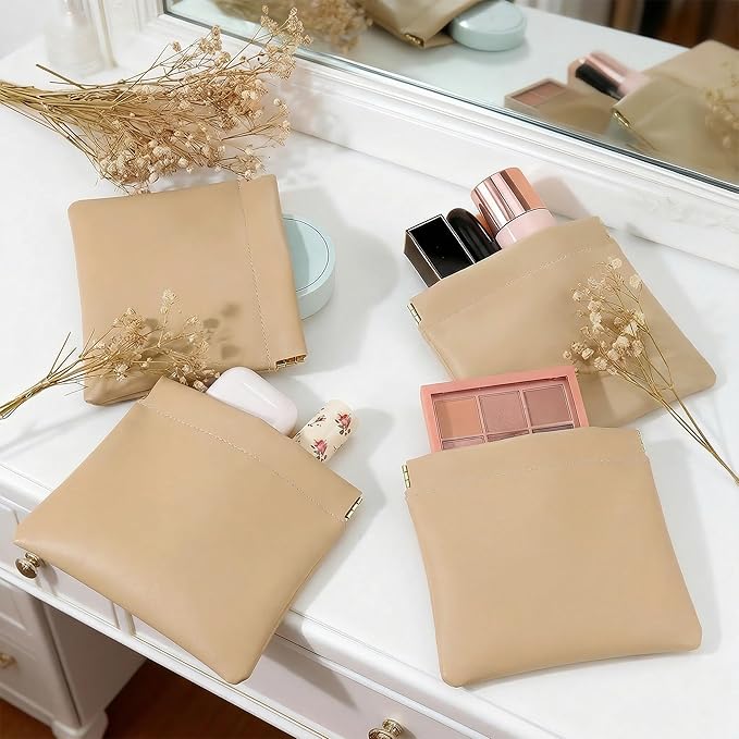 4 PCS Small Makeup Bag for Purse, Mini Portable Cosmetic Pouch for Women, Coin Purse Lipstick Cosmetic Accessories Organizer, Travel Storage Pouch, Apricot