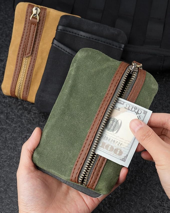 SAYRAM SP9 Pocket Organizer, Waxed Canvas EDC Pouch, Zipper Pocket Organizer Pouch for Men, Slim EDC Organizer for Coins, Notebook, Multitool, Tactical Pen