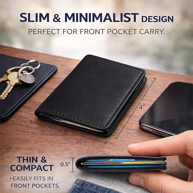 Genuine Leather Bifold Card Holder Wallet for Men & Women – Slim Minimalist Front Pocket Credit Card Wallet, Compact Leather Credit Card Case for Travel & Everyday Carry- Black