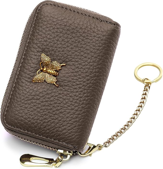 imeetu RFID Credit Card Holder for Women Genuine Leather Card Case Wallet with Zipper and Removable Keychain (Taupe Grey)