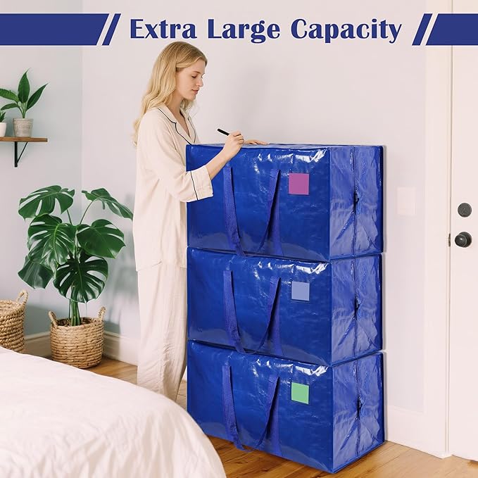 6 Pack Moving Bags with Full-Open Side Zipper, Extra Large 93L Heavy Duty Waterproof Foldable Storage Totes for College Dorm, Moving & Home Organization,Blue