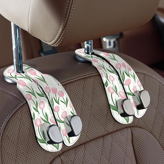 CoBak Purse Hook for Car - Universal Premium Stitched Leather and Aluminum-Magnesium Alloy Double Car Seat Back Storage Hook for Purses, Handbags, Bags (2 Pack),Tulip