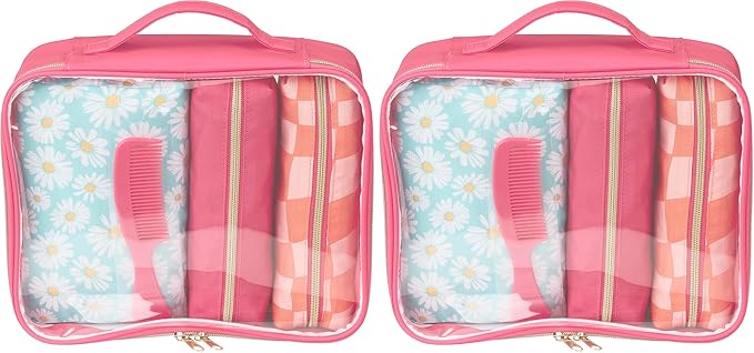 Conair 5 Piece Toiletry and Cosmetic Bag Set Under $30, Includes 4 Makeup Bags and 1 Travel Comb in Pink and Daisy Prints (Pack of 2)