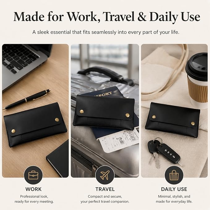 Leather Currency Pouch - Handmade Cash Organizer with Double Button Closure & Zipper Pocket, Compact Money Holder for Travel & Everyday Use, 4 x 8 Inch (Black)