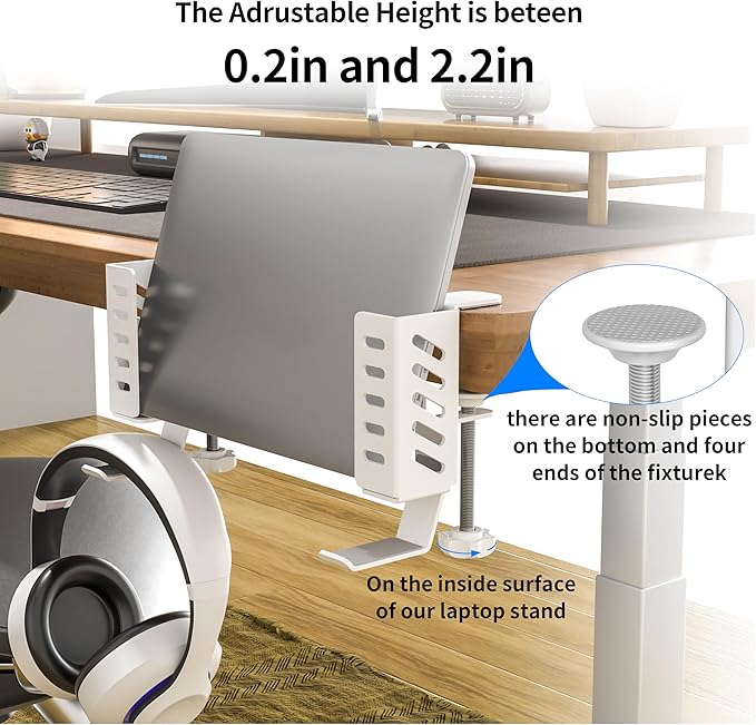 Adjustable Desk Side Laptop Holder with Headphone Stand - No Drill Clamp Organizer for Laptops, Tablets, Keyboards (White) - Sturdy Steel & Silicone Pad Protection