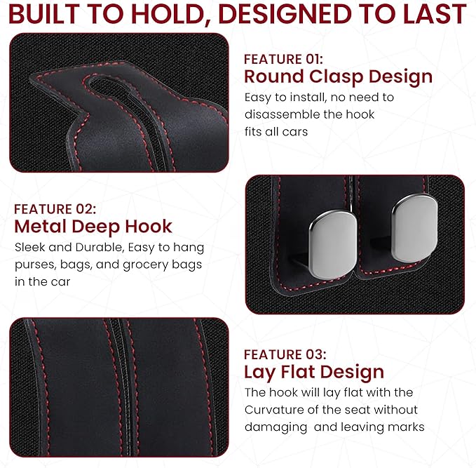 4 Pack Double Car Purse Hook Holds Up to 25 kg / 55 lbs XL Faux Leather with Durable Metal Hook (2.7x2cm) – Perfect Headrest Hooks for Car to Organize Bags and Essentials (Black)