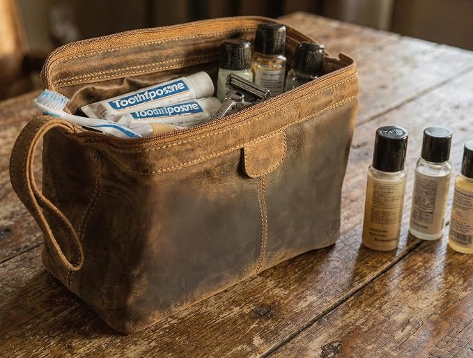 RUSTIC TOWN Full Grain Leather Toiletry Bag for Men – Wide Opening Dopp Kit with Metal Frame, Water-Resistant Travel Organizer for Shaving, Grooming & Accessories