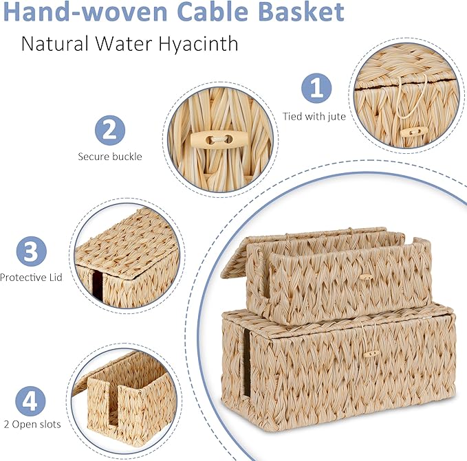 efluky 2 Pack Plastic Cable Management Boxes, Hand-Woven Cord Organizer Box with Lid, 2 Open Slots Cable Organizer Basket to Hide Power Strip and Charger for Home & Office and Dorm,Natural