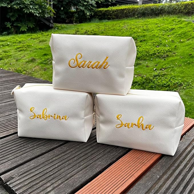 GOPHIE Embroidered Large Make up Bag,Personalized Skincare Bag,Cosmetic Travel Bags for Women Gift For Wedding,Set of 6, Beige